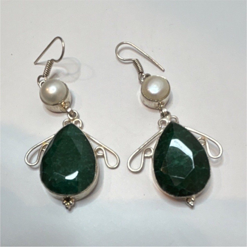 Handcrafted Teardrop Dangle Earrings Silver Hook Green Stone Pearl Accent